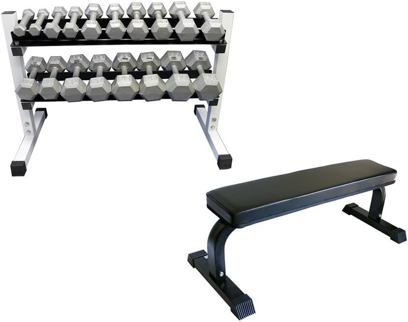 Ader Heavy Duty Flat Bench and 2 Tier 36' Rack & 3-45 lb 9 pair Grey Hex Dumbbells