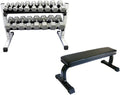 Ader Heavy Duty Flat Bench and 2 Tier 36' Rack & 3-45 lb 9 pair Grey Hex Dumbbells