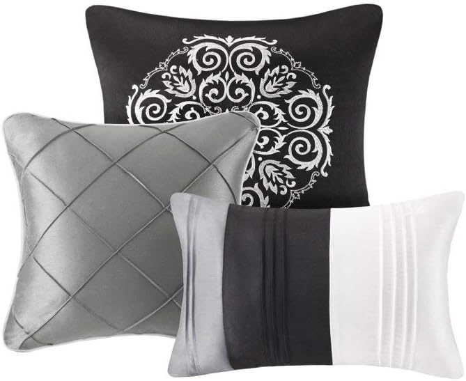 7 Piece Silver Grey Black Striped Comforter King Set, Gray White Adult Bedding Master Bedroom Stylish Patchwork Pintuck Pattern Elegant Themed Traditional Monochromatic Polyester Stripe