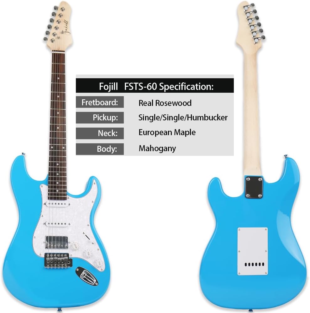 Fojill HSS Pickup 39 Inch Full Size Electric Guitar Kit Set Beginner Starter Combo Package Bundle 10W Battery Power Bluetooth Amplifier Amp Bag,Picks, Cable, Strap, Extra Strings