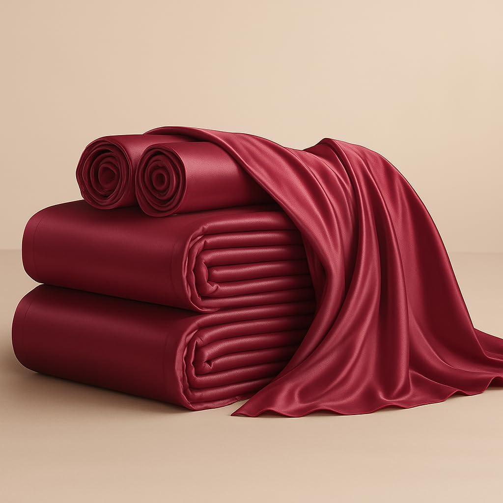 Mulberry Silk Sheet Set 4Pcs, 6A Grade Natural Silk Bed Sheets, Ultra-Soft & Breathable Fits Mattress Upto 25-30' Deep Pocket (Queen, Burgundy)