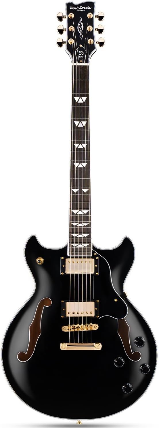 WestCreek 333 Electric Guitar, Semi Hollow Body Jazz Electric Guitar, Alnico Humbucker Pickups, Rosewood Fretboard, Maple Neck, Rounded End Frets, Maple Body, Full size(Void Black)