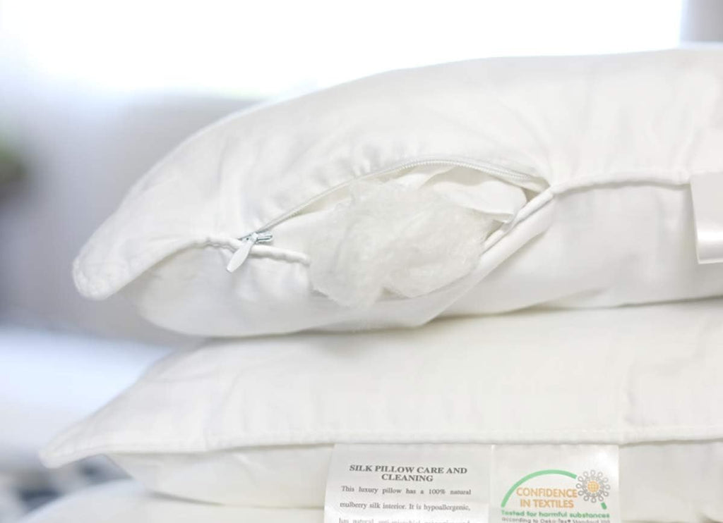 Silk Bedding Direct. Pair of Luxury Mulberry Silk-Filled Pillows. Standard Size, 26' x 20'. A Hypoallergenic Haven, Resting Your Dreams on Pure and Natural Mulberry Silk.