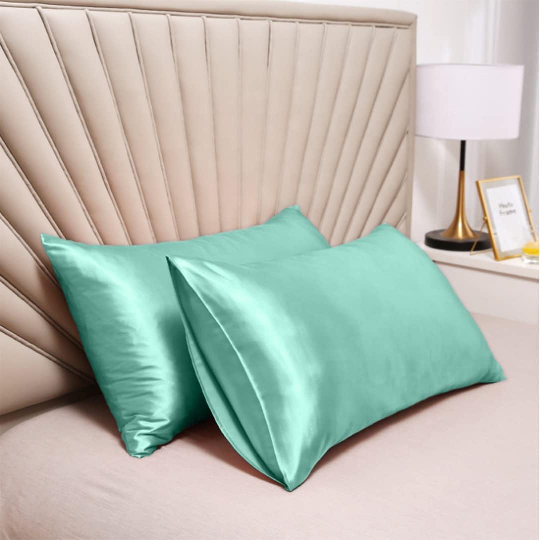 22 Momme 100% Mulberry Silk Bedding Set - 4-Piece Luxury Olympic Queen Size (2 Pillowcases, 1 Fitted Sheet, 1 Flat Sheet) - Fits 14-16' Deep Pocket (Solid, Aqua)