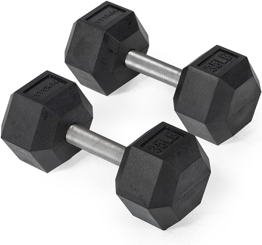 Titan Fitness Free Weights, Rubber Coated Hex Dumbbell, Straight Stainless Steel Handle, Strength Training, Full Body Workout