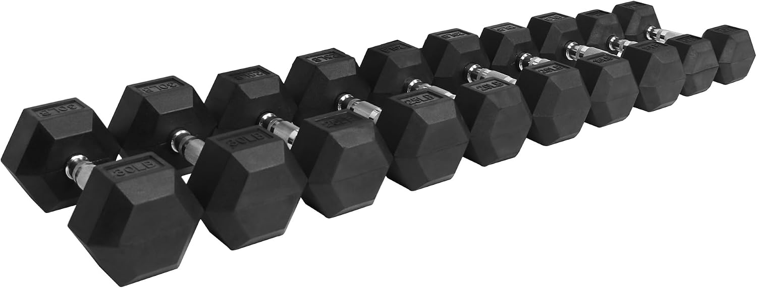 Signature Fitness Rubber Encased Hex Dumbbell, Set Including 10, 15, 20, 30LB Pairs