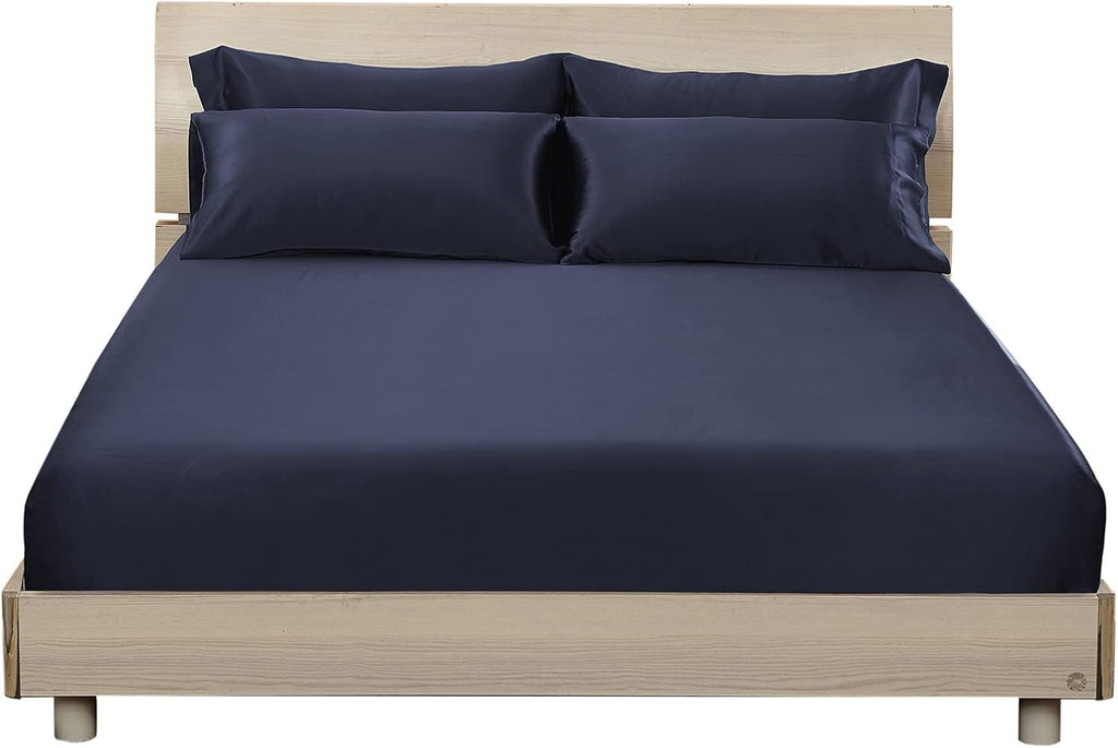 LilySilk 3PC Silk Fitted Sheets Set 100% Mulberry Silk 6A Grade, 2 Silk Pillowcases and 1 Silk Fitted Sheet, 16 Inch Deep Pocket, 19 Momme Silk Bed Sheets Navy Blue, King