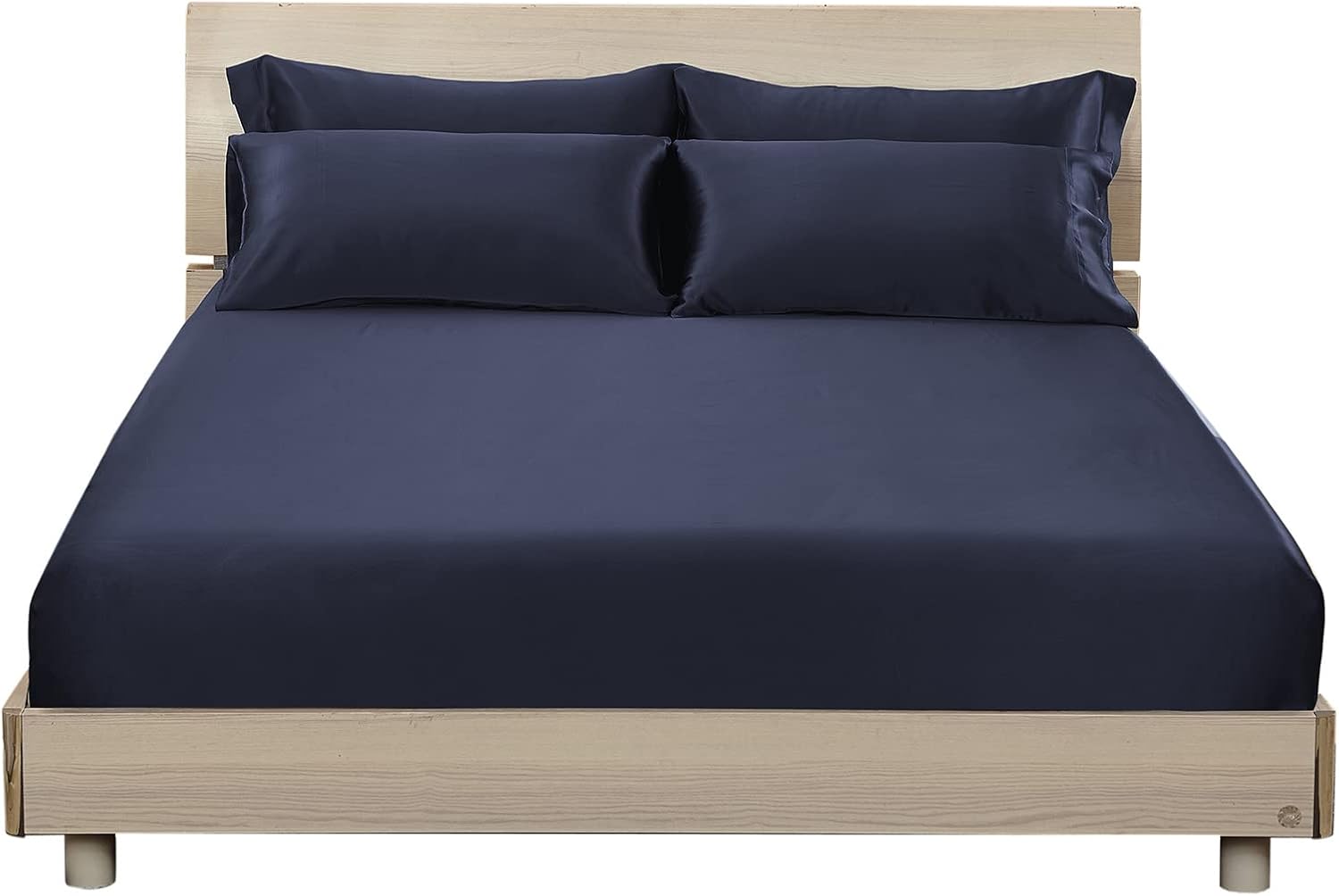 LilySilk 3PC Silk Fitted Sheets Set 100% Mulberry Silk 6A Grade, 2 Silk Pillowcases and 1 Silk Fitted Sheet, 16 Inch Deep Pocket, 19 Momme Silk Bed Sheets Navy Blue, King