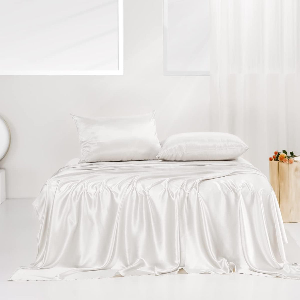 PROMEED 100% Pure Mulberry White Silk Sheet Set 4pcs, 23 Momme Grade 6A+ Silk Bed Sheets Set with Cooling Sheets and Pillowcases (White, Queen)