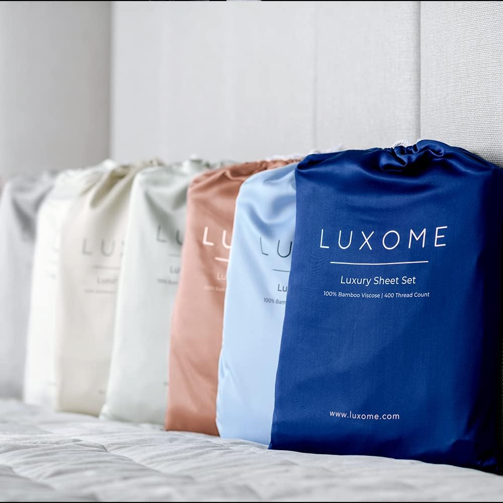 LUXOME Luxury Sheet Set | 100% Rayon (Viscose) from Bamboo | California King - White | Deep Pockets | 4-Piece Set (Fitted, Flat, 2 Pillowcases)