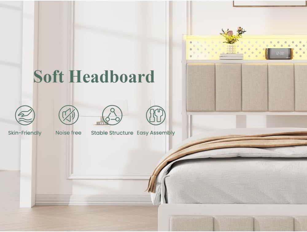 Queen Size Platform Bed with 4 Drawers, Metal Bed Frame with LED Lights and Charging Station, No Box Spring Needed, (Beige), Noise Free,Easy Assemble.