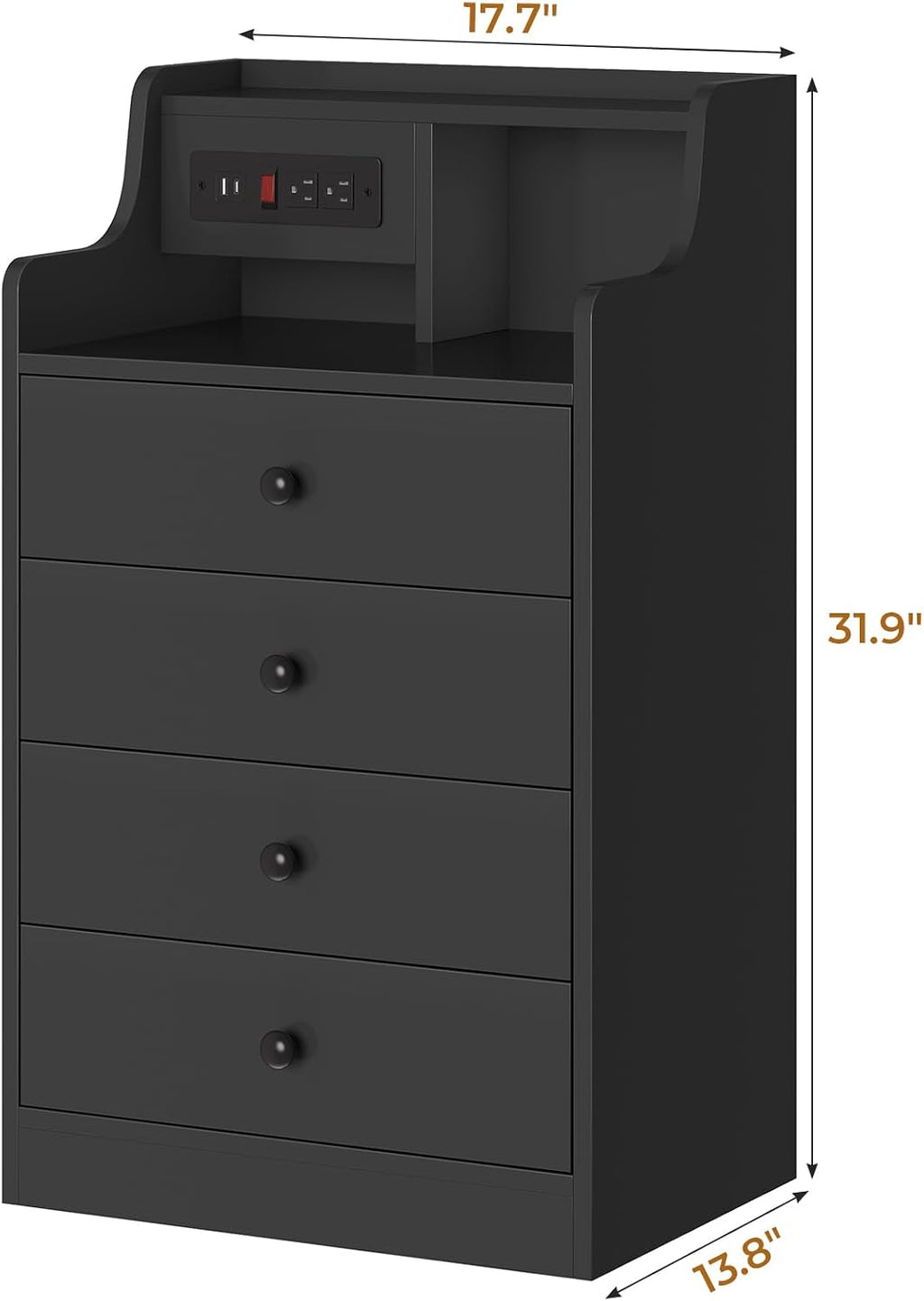 ADORNEVE Black Nightstand Set of 2,Night Stand with Charging Station & Hutch,Bedside Table with 4 Drawers,Large Nightstands Set of 2,Night Stands for Bedrooms,Side Tables Bedroom