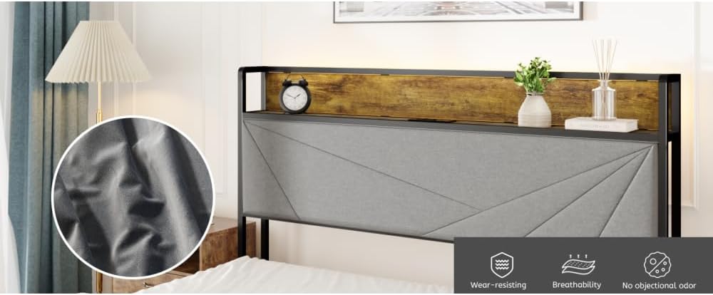 Full Size Bed Frame with 4 Storage Drawers and 2 USB Ports, Upholstered Platform Bed Frame with Storage Headboard Charging Station and Metal Slat Support, No Box Spring Needed, Dark Grey.