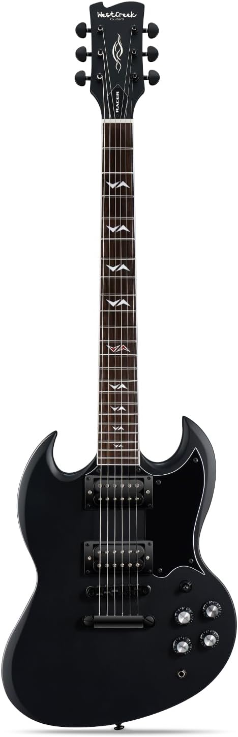 WestCreek RACER Solid Body Electric Guitar, Double Cut guitar, Rounded End Frets, Bone nut, Rosewood Fingerboard, Mahogany Body (Matte Black)