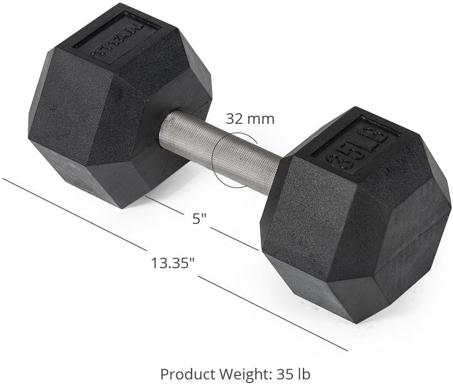 Titan Fitness Free Weights, Rubber Coated Hex Dumbbell, Straight Stainless Steel Handle, Strength Training, Full Body Workout