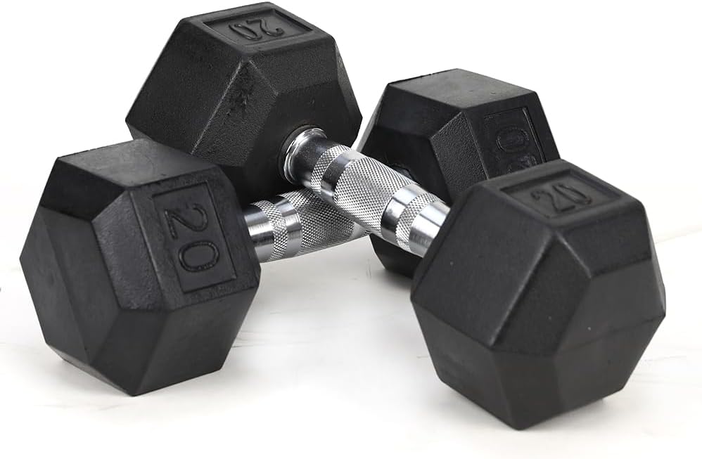 20LB (2piece) HDRS Rubber Coated Solid Cast Iron Dumbbell with Contoured Chrome Handle, Hexagon Head