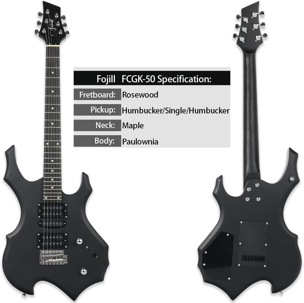 Fojill Heavy Metal Cool Shape Electric Guitar Kit Set Beginner Starter Combo Package Bundle 20W Amplifier Amp Accessory Padded gig Bag,Picks, Cable,Strap,Extra Strings (FCGK-50, Metallic Black)