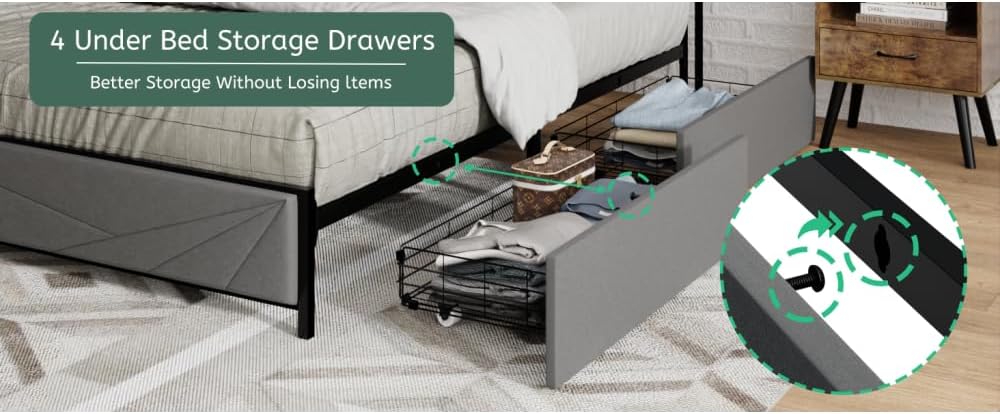 Full Size Bed Frame with 4 Storage Drawers and 2 USB Ports, Upholstered Platform Bed Frame with Storage Headboard Charging Station and Metal Slat Support, No Box Spring Needed, Dark Grey.