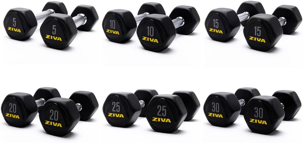 ZIVA Premium Hex Dumbbells – Commercial Grade Rubber Urethane Coated Free Weights for Strength Training, Weightlifting, Home Gym – Durable Steel Core – Sold in Pairs and Sets