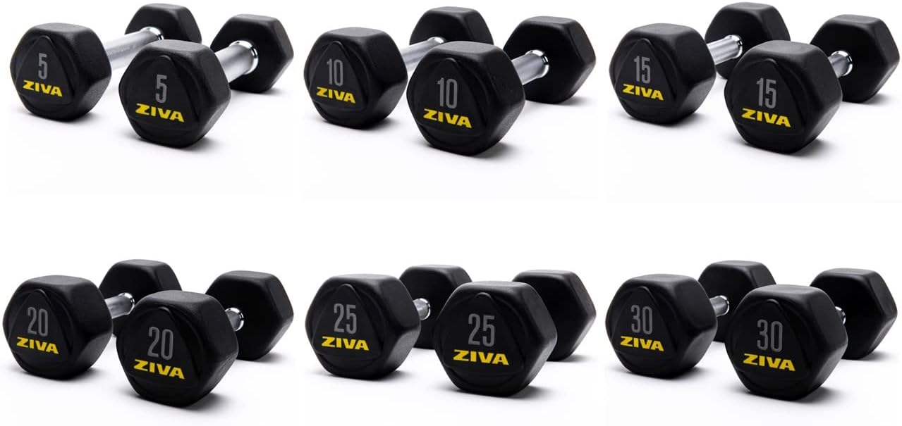 ZIVA Premium Hex Dumbbells – Commercial Grade Rubber Urethane Coated Free Weights for Strength Training, Weightlifting, Home Gym – Durable Steel Core – Sold in Pairs and Sets