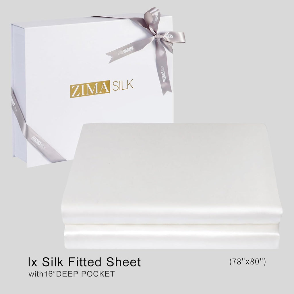 ZIMASILK 100% 19 Momme Mulberry Silk Fitted Sheet for Sleeping with Deep Pocket, Soft, Breathable & Hypoallergenic for Hair & Skin Care (King 78''x80''+16', White)