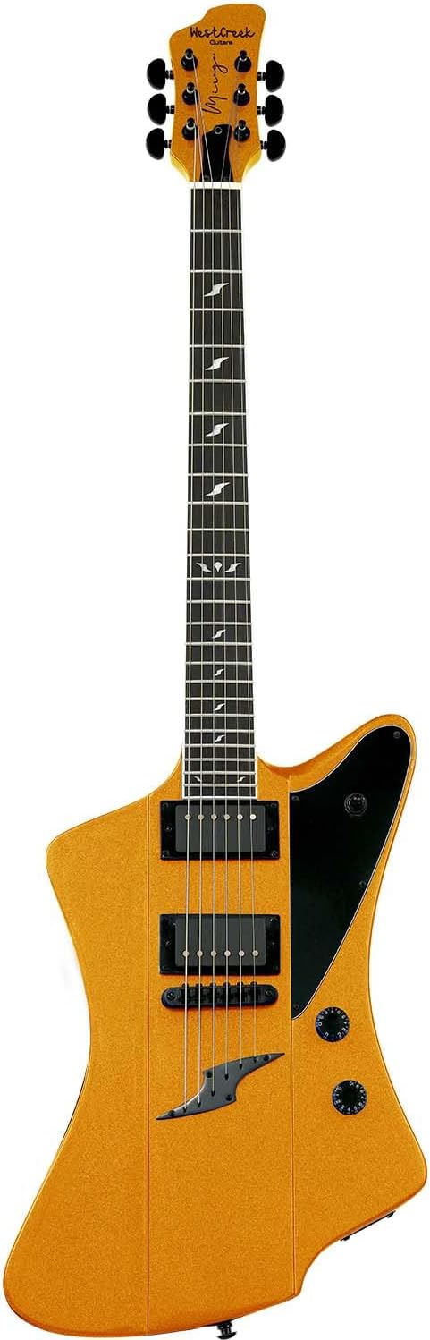 WestCreek Mirage Solid Body Electric Guitar, Mahogany Body, Maple Neck, Ebony Fretboard, Rounded End Frets, Bone Nut, 24 Frets (Gold)