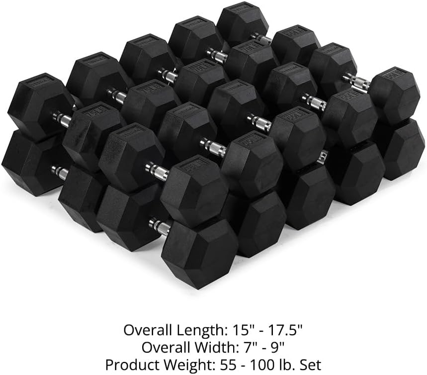 Titan Fitness Rubber Hex Dumbbells, 5 LB-50 LB Set of Pairs, Roll-Resistant Hexagonal Free Weights, Hex Dumbbell set with Chrome-Coated Handles, Free Weight Set, Strength Training Equipment