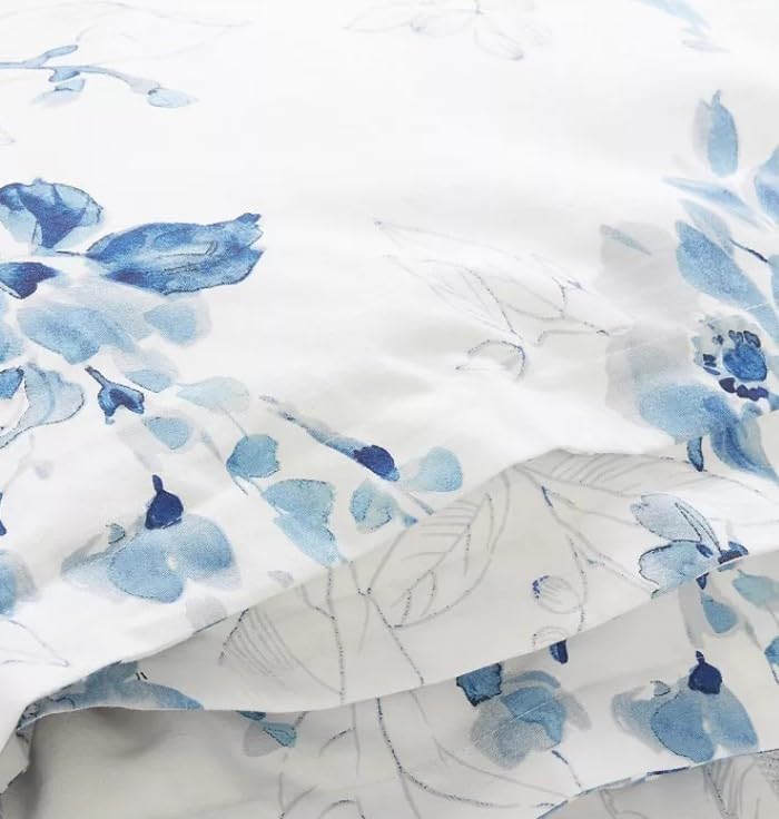 Lauren Ralph Lauren Beautiful Watercolor Sandra Grey Navy Blue Floral King 3 pc Duvet Cover Set Shams White Luxurious 100% Cotton Sateen Silky Smooth