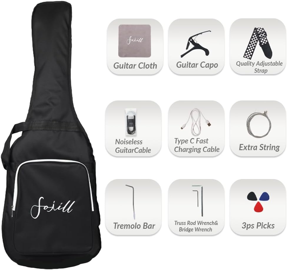 Fojill HSS Pickup 39 Inch Full Size Electric Guitar Kit Set Beginner Starter Combo Package Bundle 10W Battery Power Bluetooth Amplifier Amp Bag,Picks, Cable, Strap, Extra Strings