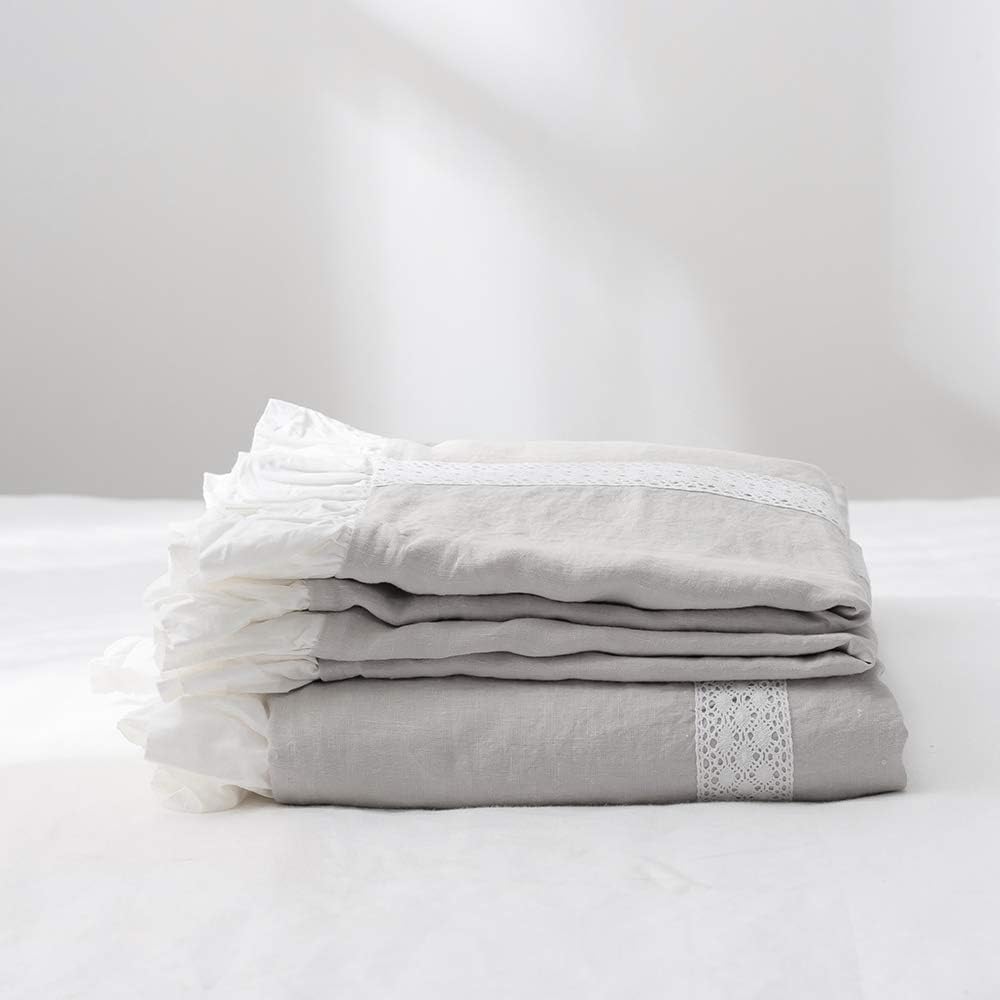 Simple&Opulence 100% Linen Duvet Cover Set (104'x92') Floral Flax King Size, Shabby Chic Ruffle Edge Lace Insert Decoration, 3 Pcs Farmhouse Bedding-1 Comforter Cover 2 Pillow Shams, Floral Grey
