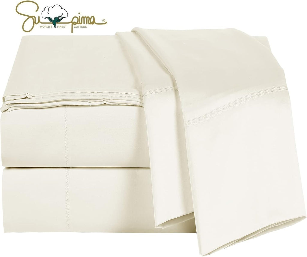 100% Supima Cotton Sheets 600 Thread Count,Bed Sheet Set Queen Size Sheets 4 Pieces,Soft & Silky Sateen Weave, Fits Mattress Up to 18',Deep Pocket, Breathable & Fade Resistant(Ivory,Queen)