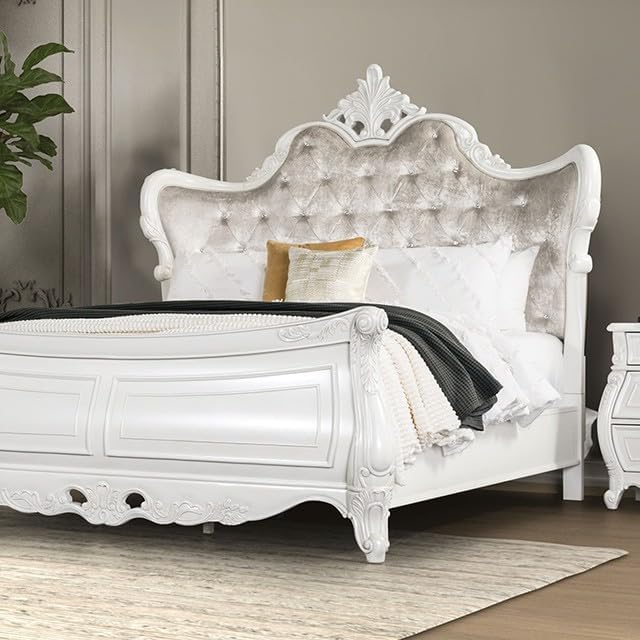 MASARA 3 Pcs Traditional Bedroom Set, White/Tan Fabric Sleigh Bed with Diamond Tufted Wing-Back Headboard, Crystal Acrylic Buttons, Carved Details, Queen/King Size (King (U.S))