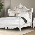 MASARA 3 Pcs Traditional Bedroom Set, White/Tan Fabric Sleigh Bed with Diamond Tufted Wing-Back Headboard, Crystal Acrylic Buttons, Carved Details, Queen/King Size (Queen)