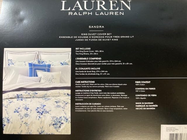 Lauren Ralph Lauren Beautiful Watercolor Sandra Grey Navy Blue Floral King 3 pc Duvet Cover Set Shams White Luxurious 100% Cotton Sateen Silky Smooth