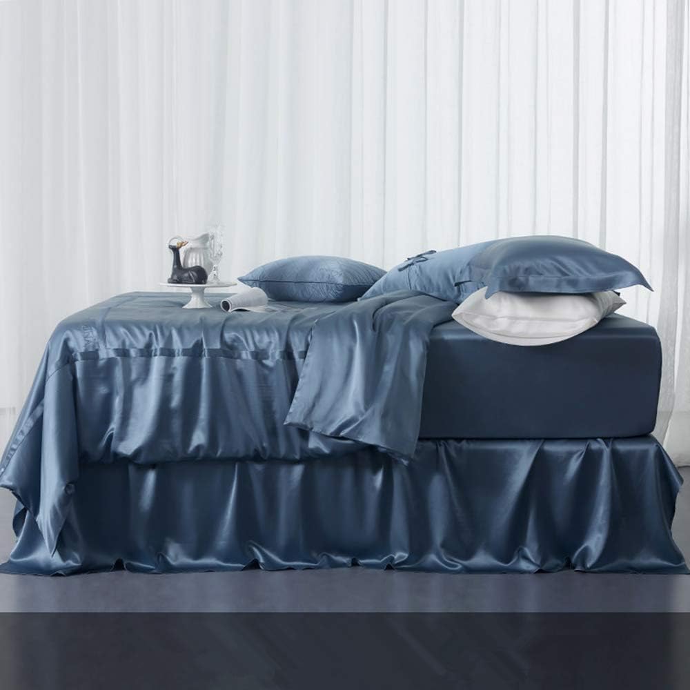 Orose 4Pcs 30 Momme Silk Sheets Set Seamless Custom, Thick, Deep Pocket 100% Charmeuse Mulberry Silk Bedding Top Flat Bottom Fitted (Misty Blue, King)