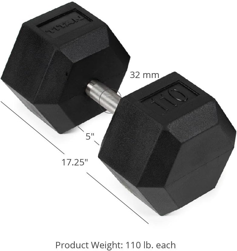 Titan Fitness Free Weights, Rubber Coated Hex Dumbbell, Straight Stainless Steel Handle, Strength Training, Full Body Workout
