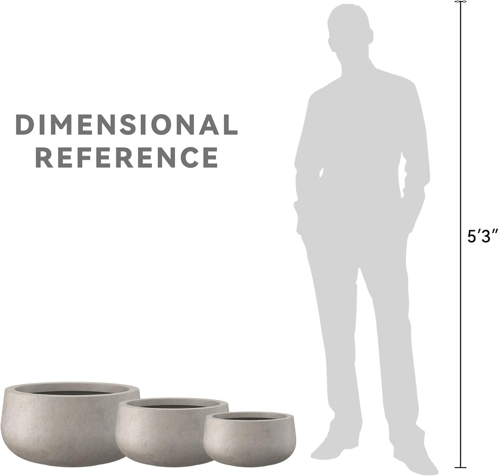 Kante 19.6',15.7',11.8' Dia Round Concrete Planters Set of 3, Outdoor Indoor Large Plant Pots with Drainage Hole, Modern Curvaceous Design, Weathered Concrete