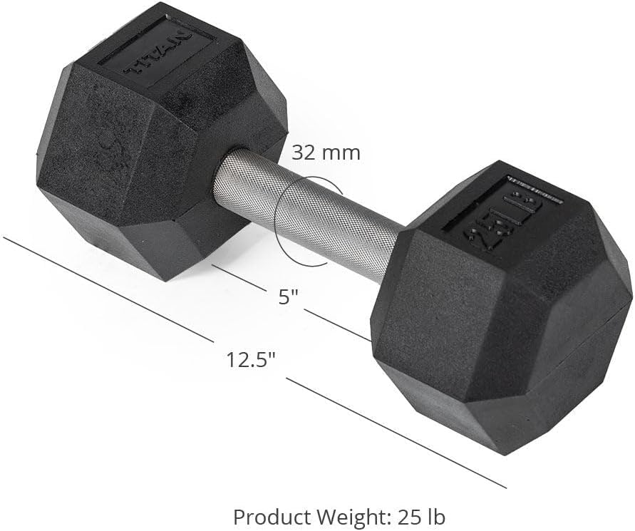 Titan Fitness 25 LB Pair Free Weights, Black Rubber Coated Hex Dumbbell, Straight Stainless Steel Handle, Strength Training, Full Body Workout