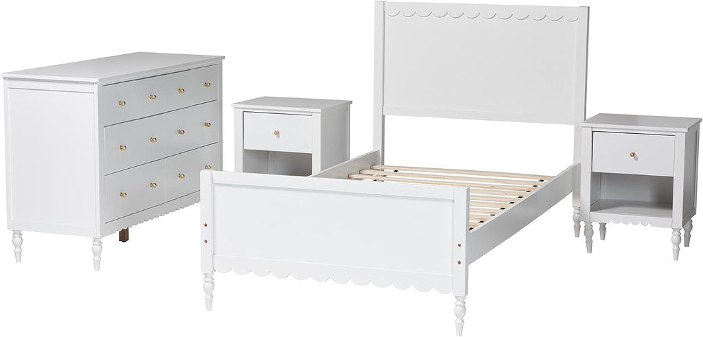 Baxton Studio Roni White Wood 4-Piece Full Bedroom Set with Two Nightstands