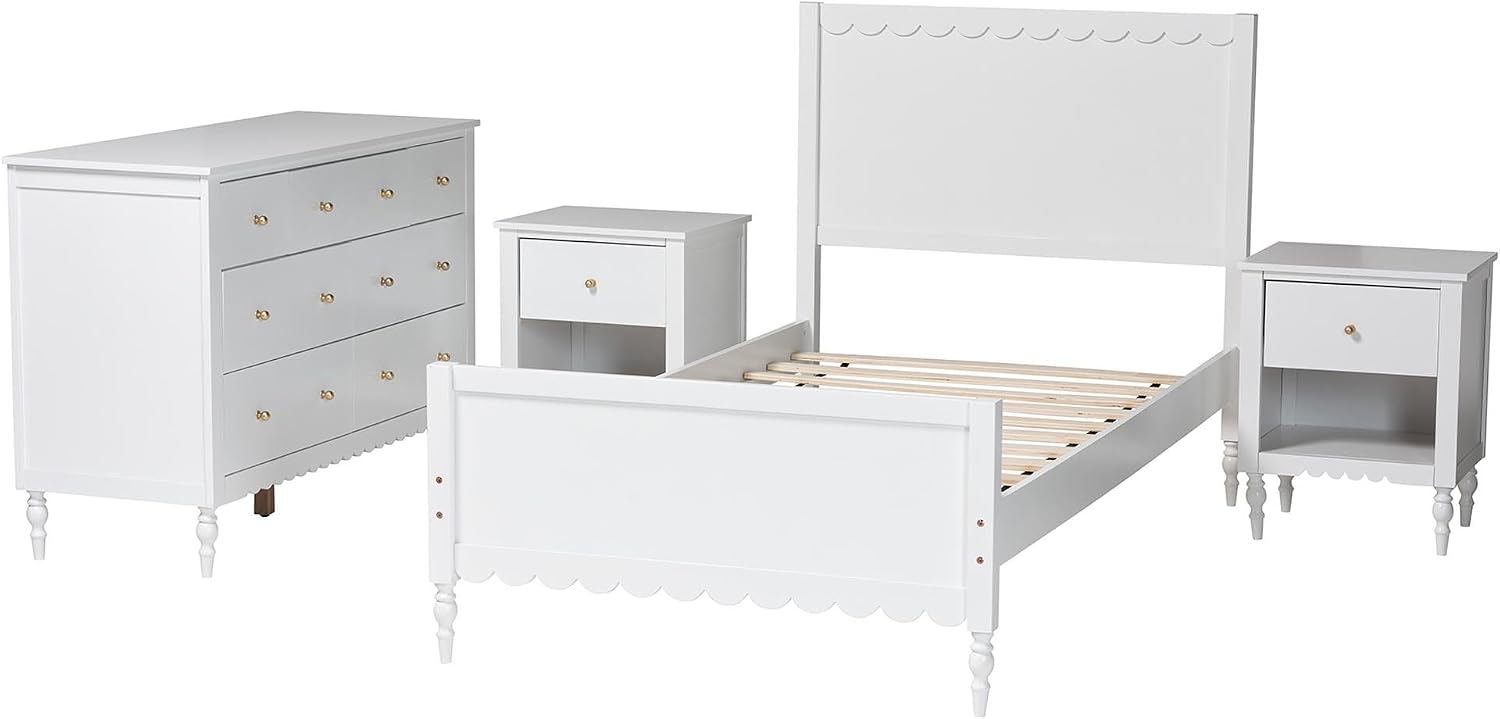 Baxton Studio Roni White Wood 4-Piece Full Bedroom Set with Two Nightstands