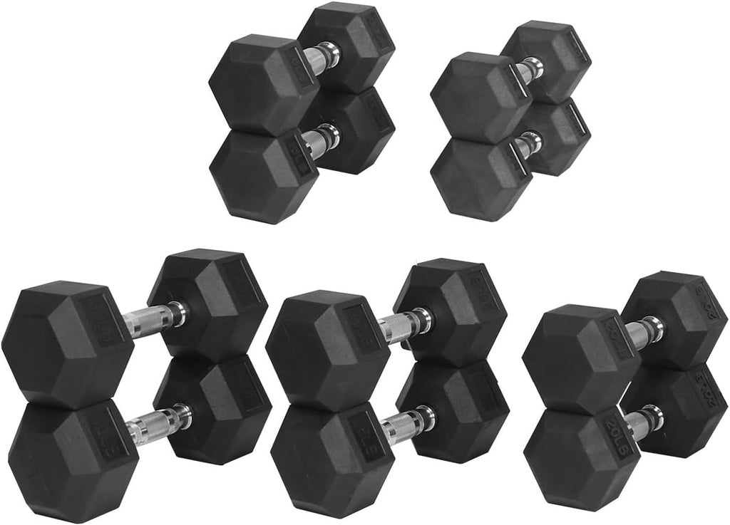 Signature Fitness Rubber Encased Hex Dumbbell, Set Including 10, 15, 20, 30LB Pairs