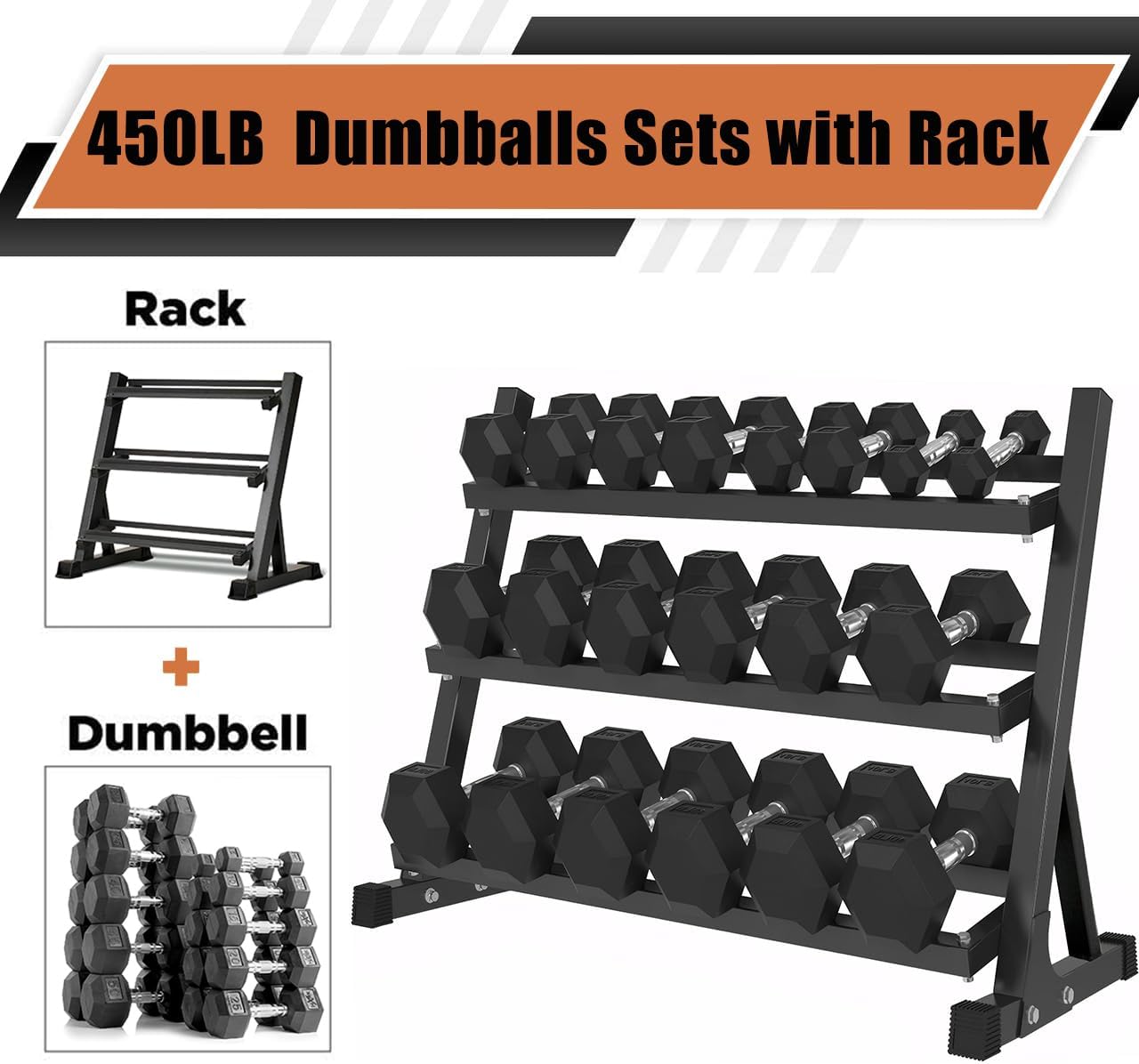 350-550 lbs Hex Weight Dumbbell Set with Rack 5-50 lbs Hand Weights for Strength Training for Home Gyms Rubber Iron Coated Dumbbells Exercise & Fitness Equipment to Training Strength Muscle