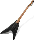 AKLOT Metal V Electric Guitar: HH Pickups, Roasted Maple Neck, Okoume Body, String-Through-Body, Stainless Steel Rounded Ball-End Frets,Beginner Electric Guitar Kit for Adult,Gig Bag,Lesson Book,Black