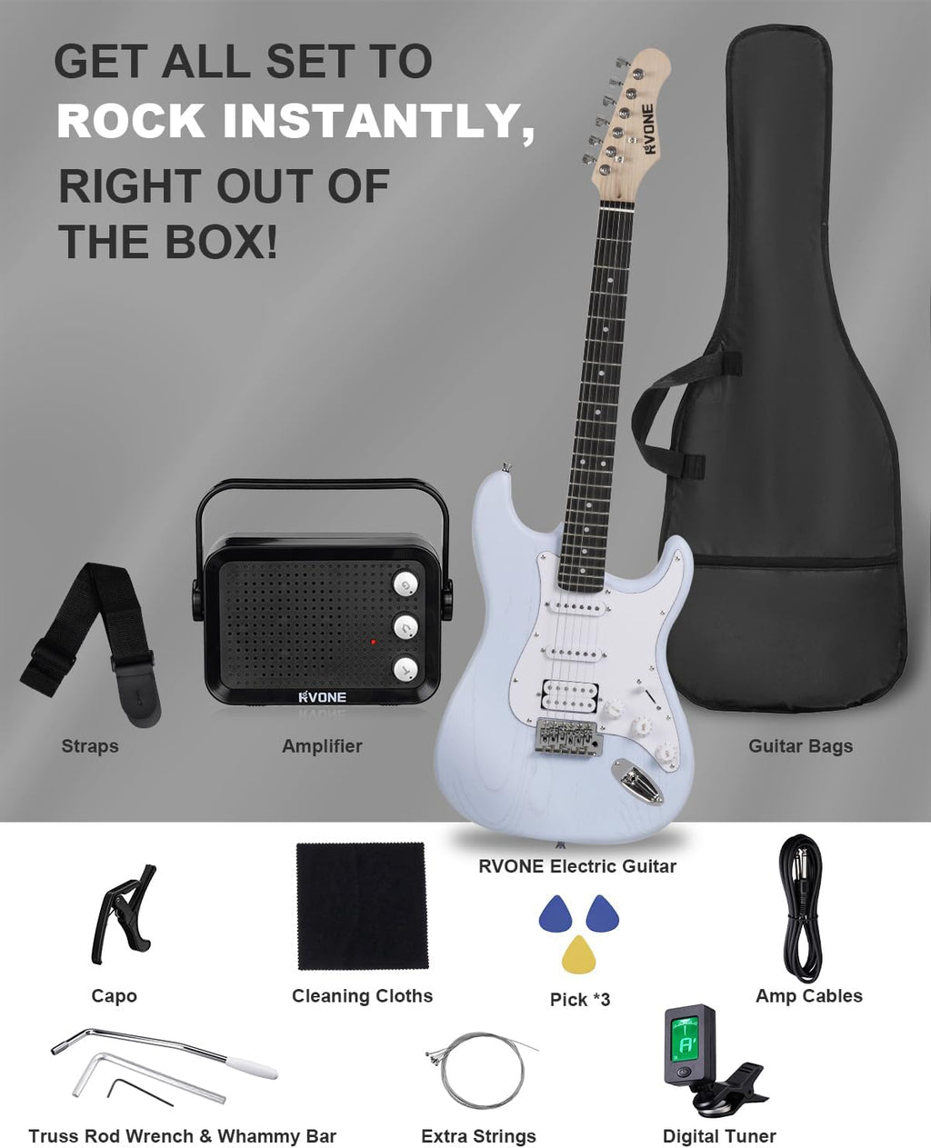 RVONE RST-150 39'Beginner Electric Guitar Kit with Amplifier, Classic HSS Pickup, Electric Guitar with Gig Bag, Capo, Strap, Extra Strings, Digital Tuner, 3 Picks, Cleaning Cloths (Light Blue)
