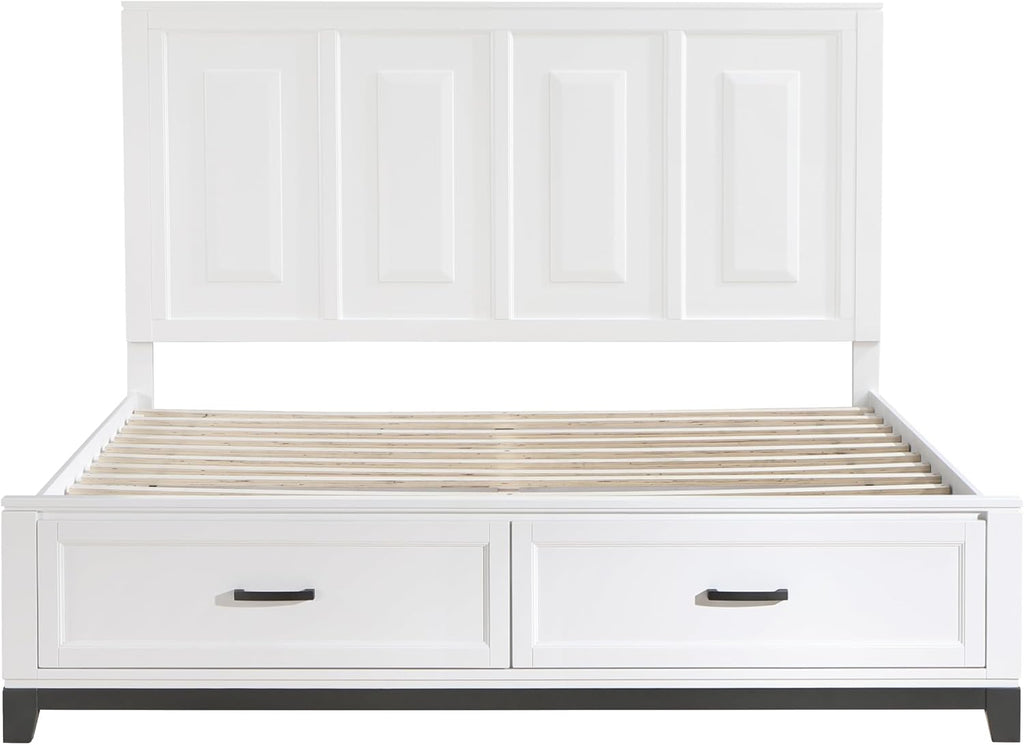 3-Pc Set Bedroom King Size White Platform Bed w Footboard Drawers Wooden Rustic Style Furniture