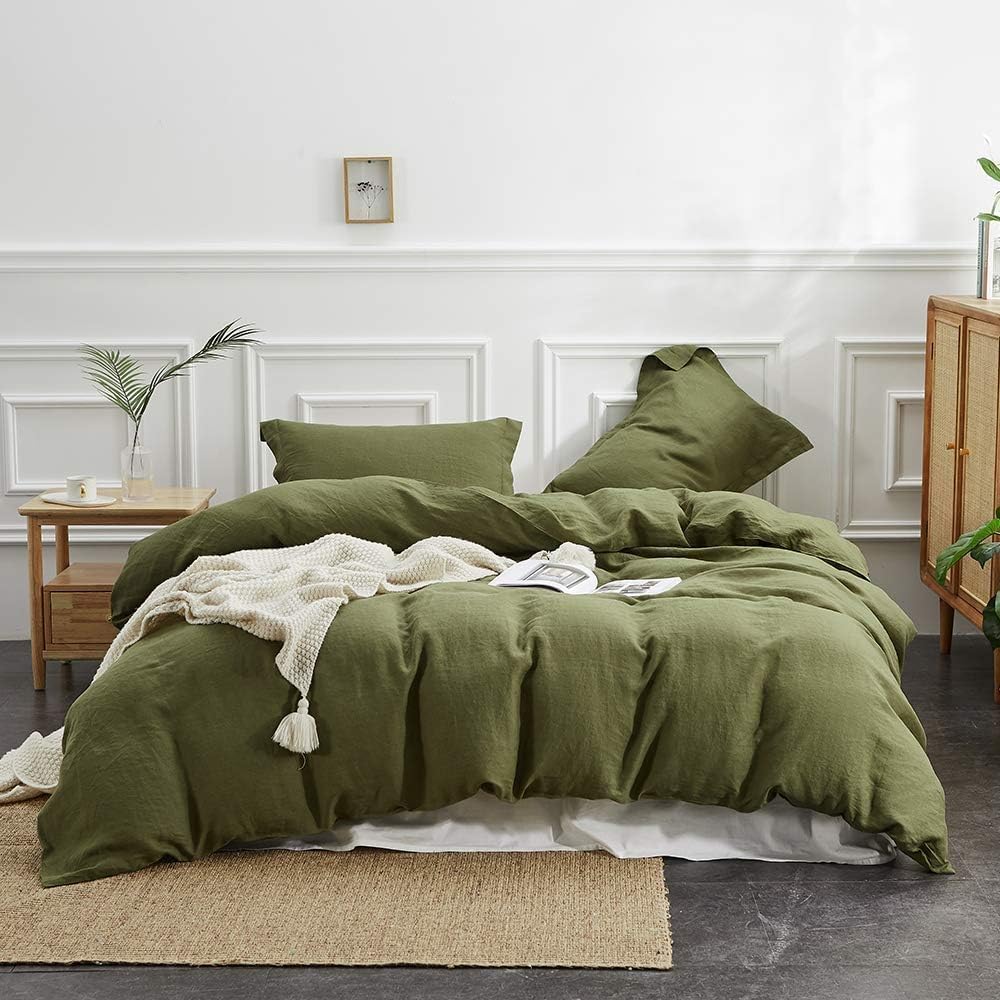 Simple&Opulence 100% Linen Duvet Cover Set, 3 PCS Olive Green Duvet Cover California King Size, Breathable Soft Comfy Linen Bedding Comforter Cover with 2 Pillowcases(Olive Green, 104'x98')