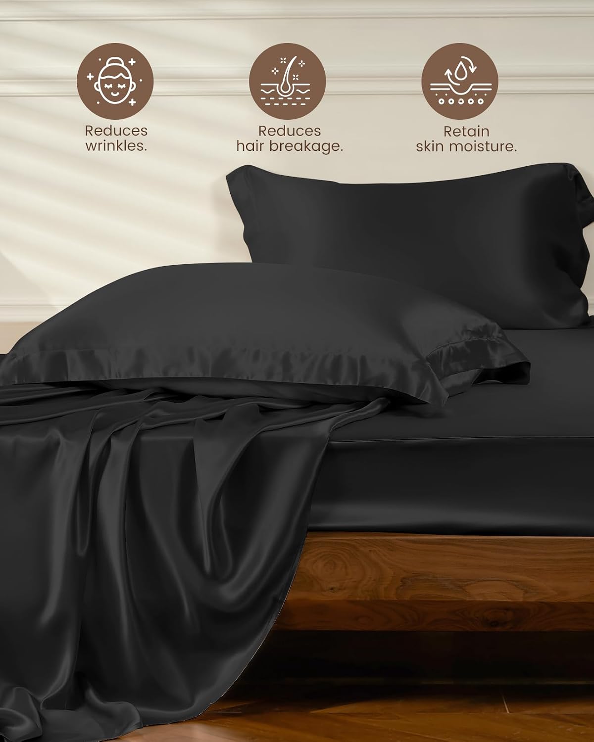 THXSILK 4Pcs Silk Bed Sheets Set, 100% Long Stranded 25 Momme Mulberry Silk Bedding Set, Sheets and Pillowcase Set, Luxurious and Extremely Soft(Black, Queen)