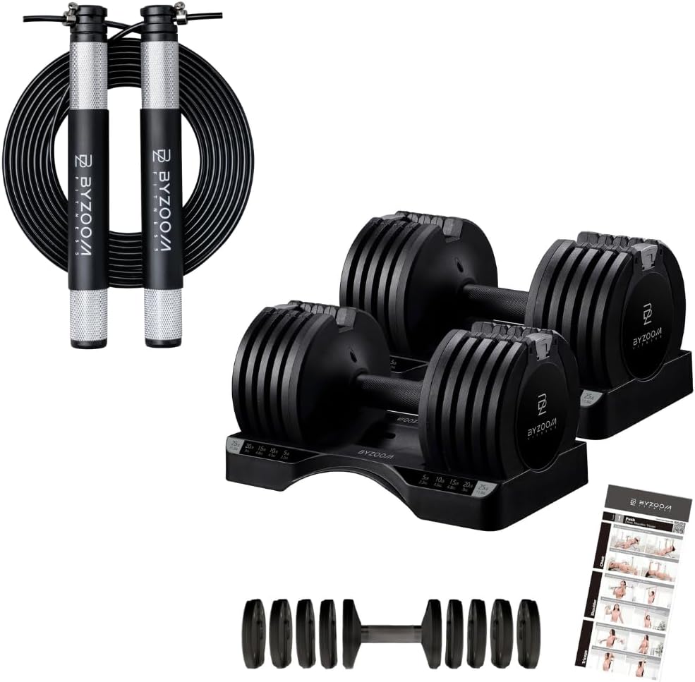 BYZOOM FITNESS Adjustable Dumbbell / 25LB Pair Black and Jump Rope/Black Set for Home Gym Workout