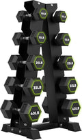 HANDBODE Rubber Coated Hex Dumbbell Set with A-Frame Rack, 100 lb - 550 lb Multiple Options Weight, Hexagon Non-Rolling Shape, Ergonomic Knurled Handle, Home Gym Equipment for Strength Training