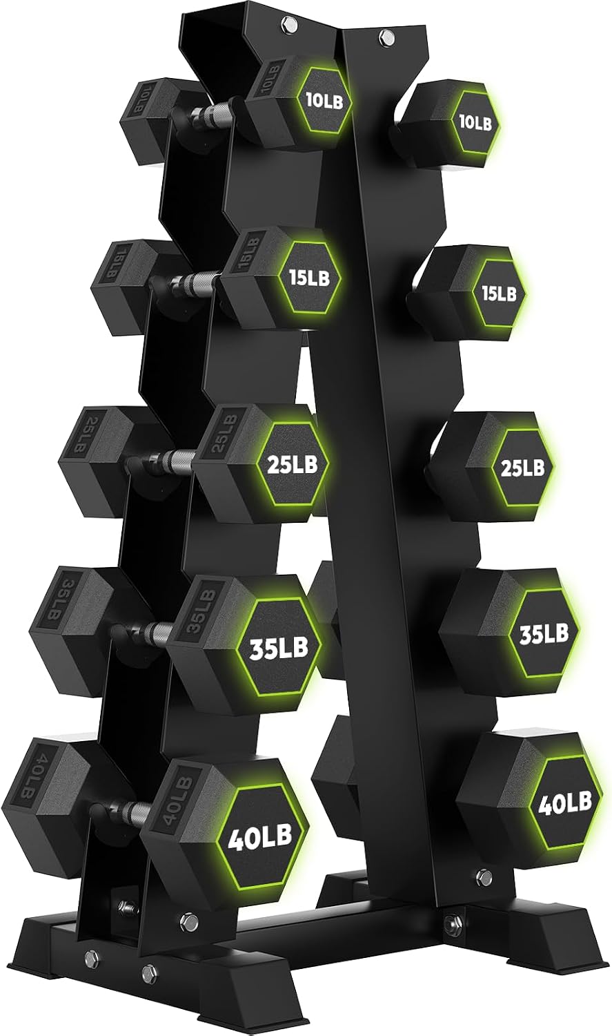 HANDBODE Rubber Coated Hex Dumbbell Set with A-Frame Rack, 100 lb - 550 lb Multiple Options Weight, Hexagon Non-Rolling Shape, Ergonomic Knurled Handle, Home Gym Equipment for Strength Training